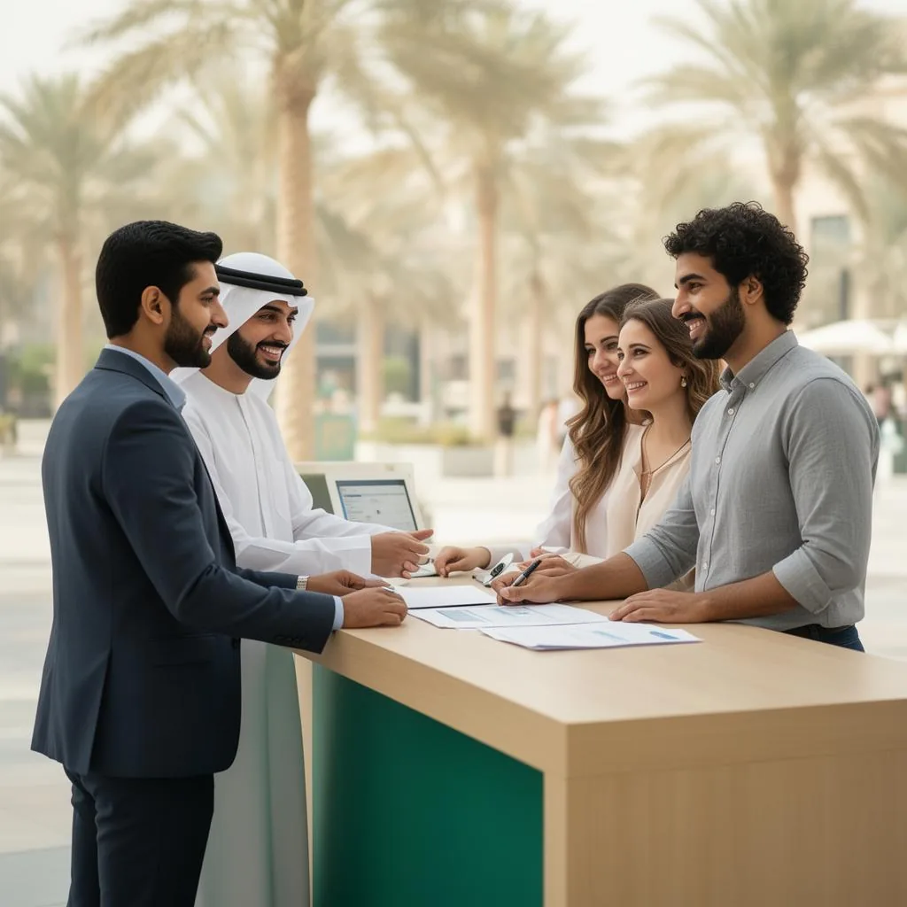 LaDavos team speaking with a family about UAE family visa paperwork in Dubai